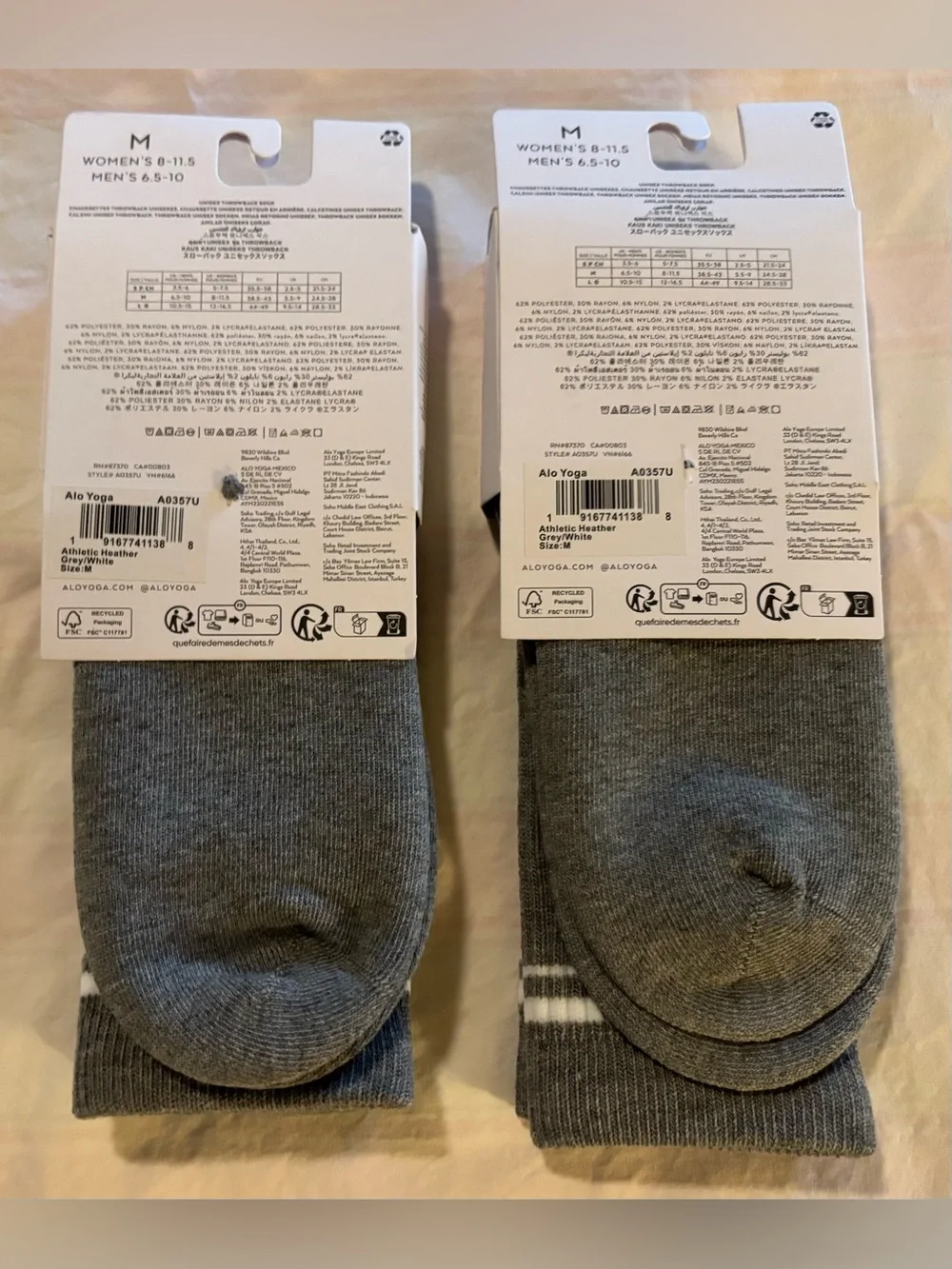Two Pairs of Alo Yoga Unisex Throwback Sock (Mid-Calf Length) in Size Medium NWT